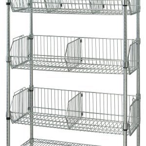The Quantum Wire Basket Unit is a stationary, chrome-plated shelf system measuring 36W x 18L x 63H. It includes two wire shelves, four posts, and three adjustable baskets with collar hooks, each holding up to 110 lbs. Ideal for organizing items with visibility and ventilation. NSF certified.