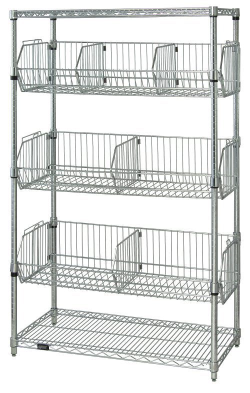The Quantum Wire Basket Unit is a stationary, chrome-plated shelf system measuring 36W x 18L x 63H. It includes two wire shelves, four posts, and three adjustable baskets with collar hooks, each holding up to 110 lbs. Ideal for organizing items with visibility and ventilation. NSF certified.
