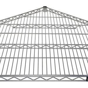 The Quantum Shelf is a 5-sided pentagonal metal wire corner shelf with a chrome-plated finish, perfect for fitting into corners. It features a lattice structure and three tiers of metal bars for optimal support and storage, designed to use with 18 depth adjacent units.