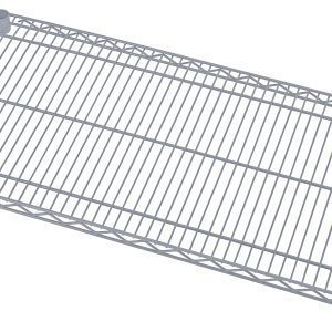 The Quantum Wire Shelf, 24W x 14D, features a grid pattern with small corner caps and a gray epoxy antimicrobial finish. With an NSF certification and a load capacity of 600 - 800 lb., it is ideal for versatile storage solutions. A label is attached on one side.