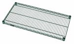 The Quantum Wire Shelf, 24W x 14D with a green epoxy antimicrobial finish and a 600-800 lb capacity, is shown from above with its rectangular grid pattern. Four round black plastic caps are positioned at the corners of this NSF-certified shelving rack.