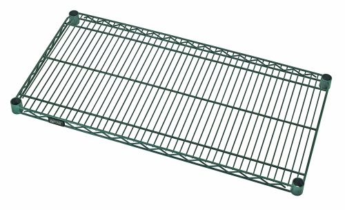 1836P.jpg The Quantum Wire Shelf, 24W x 14D with a green epoxy antimicrobial finish and a 600-800 lb capacity, is shown from above with its rectangular grid pattern. Four round black plastic caps are positioned at the corners of this NSF-certified shelving rack.