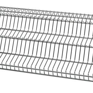 The Quantum Wire Reel Shelf, 18W x 36L, features a chrome-plated finish and three angled tiers ideal for displaying bottles or cans. With sturdy side and corner support bars, it offers stability and a 400 lb. load capacity per shelf for easy item visibility and access.