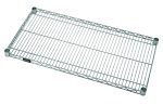 The Quantum Wire Shelf is a 30W x 14D stainless steel shelf with a grid pattern, round plastic corner caps, and a small side label, offering a clean look.