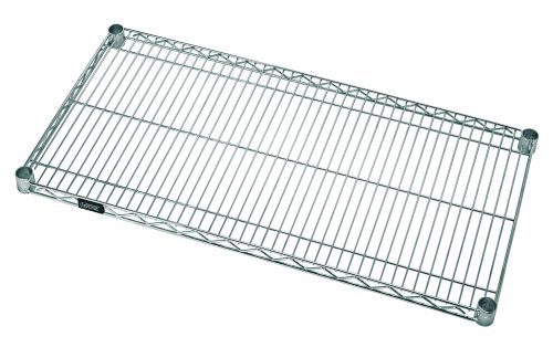 The Quantum Wire Shelf is a 30W x 14D stainless steel shelf with a grid pattern, round plastic corner caps, and a small side label, offering a clean look.