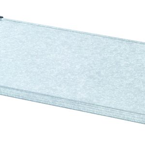 The Quantum Shelf, measuring 36W x 14D and made of 18-gauge galvanized steel, boasts a double-hemmed perimeter with a marine edge. It offers a robust capacity of 300 - 600 lbs., featuring black plastic corner protectors and a textured surface against a white backdrop for reliable storage.