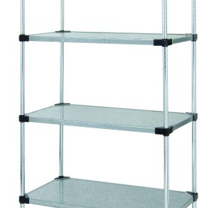 Presenting the Quantum Solid Shelving Starter Kit with (4) solid shelves and sturdy posts, made of galvanized steel and NSF certified. This 36W x 14D x 54H unit supports 300-600 lbs, features black connectors, and offers an industrial design ideal for organized storage.