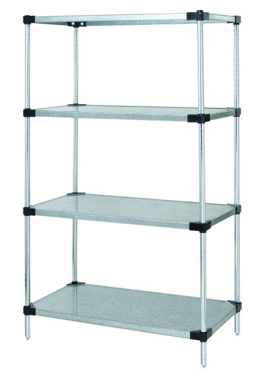 1836SG46-4.jpg Presenting the Quantum Solid Shelving Starter Kit with (4) solid shelves and sturdy posts, made of galvanized steel and NSF certified. This 36W x 14D x 54H unit supports 300-600 lbs, features black connectors, and offers an industrial design ideal for organized storage.