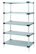The Quantum Solid Shelving Starter Kit, measuring 36W x 14D x 54H, includes five solid shelves and four posts made of galvanized steel. It has a capacity of 300 - 600 lb. per shelf and features adjustable shelving supported by black connectors.
