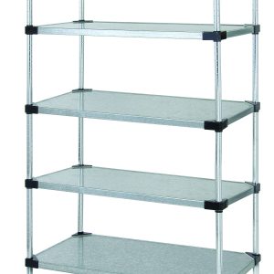 The Quantum Solid Shelving Starter Kit, measuring 36W x 14D x 54H, includes five solid shelves and four posts made of galvanized steel. It has a capacity of 300 - 600 lb. per shelf and features adjustable shelving supported by black connectors.