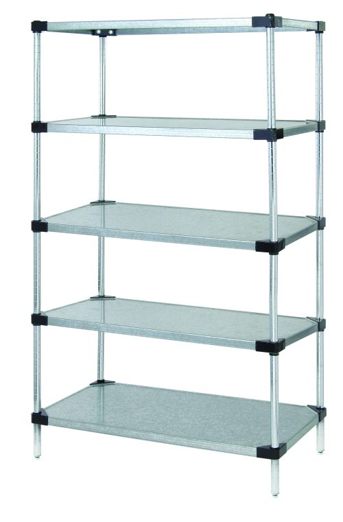 1836SG46-5.jpg The Quantum Solid Shelving Starter Kit, measuring 36W x 14D x 54H, includes five solid shelves and four posts made of galvanized steel. It has a capacity of 300 - 600 lb. per shelf and features adjustable shelving supported by black connectors.