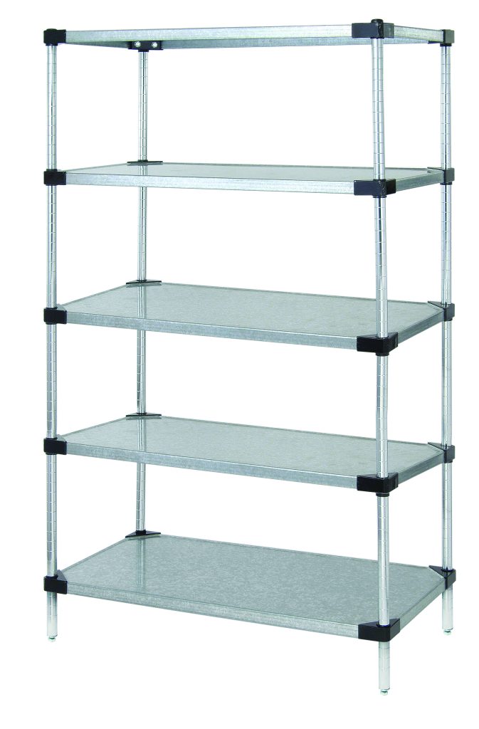 Five shelf unit with solid galvanized shelves and adjustable wire shelving posts
