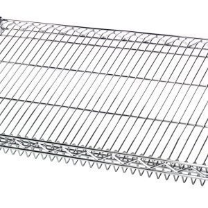 The Quantum Wire Shelf, with a slanted design and chrome-plated finish, measures 36W x 18D. It features small metal feet and is NSF certified, providing ample space for your culinary needs.