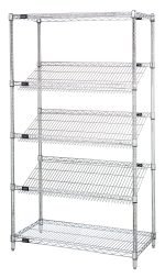 The Quantum Slanted Shelving stands 63 tall with dimensions of 36W x 18D, featuring two flat and three slanted wire shelves on a sturdy, chrome-plated frame. Ideal for organization, it includes four 63 posts and an open design for versatile storage solutions.