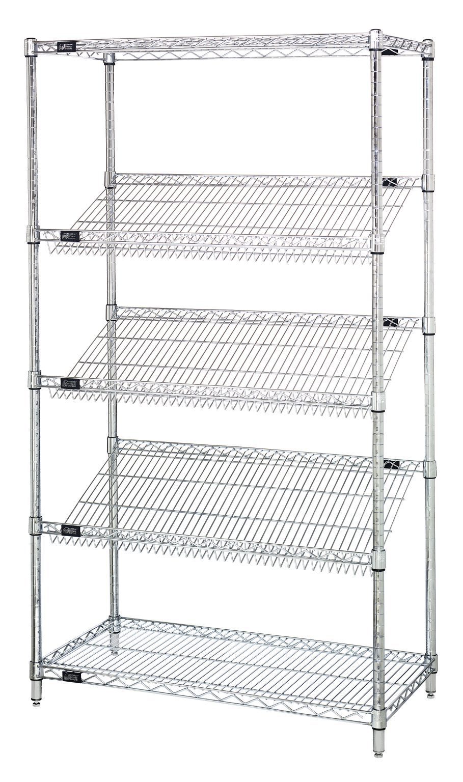 Stationary slanted shelf unit with two flat and three sloped wire shelves