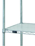 Close-up of a metal wire shelf with a solid frame, gridded design, and vertical support posts. An adjustable leveling foot is at the bottom. The Basket Inlay Mat, 11W X 10D, White Polyethylene enhances the shiny surface for optimal storage or organization.