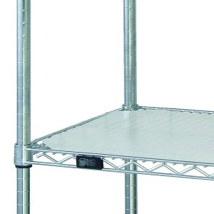 Close-up of a metal wire shelf with a solid frame, gridded design, and vertical support posts. An adjustable leveling foot is at the bottom. The Basket Inlay Mat, 11W X 10D, White Polyethylene enhances the shiny surface for optimal storage or organization.