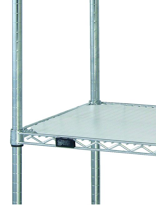 Close-up of a metal wire shelf with a solid frame, gridded design, and vertical support posts. An adjustable leveling foot is at the bottom. The Basket Inlay Mat, 11W X 10D, White Polyethylene enhances the shiny surface for optimal storage or organization.