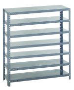 The Quantum Shelving Unit is a gray galvanized metal rack designed for heavy-duty use. It includes seven adjustable shelves with perforated uprights and cross bars, has a 400 lb load capacity per shelf, and measures 18D x 36L x 39H, set against a white background for an industrial aesthetic.