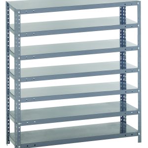 The Quantum Shelving Unit is a gray galvanized metal rack designed for heavy-duty use. It includes seven adjustable shelves with perforated uprights and cross bars, has a 400 lb load capacity per shelf, and measures 18D x 36L x 39H, set against a white background for an industrial aesthetic.
