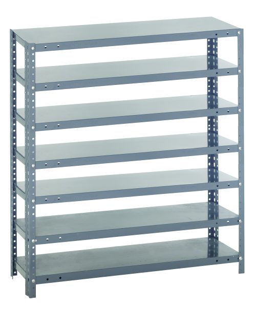 1839-000.jpg The Quantum Shelving Unit is a gray galvanized metal rack designed for heavy-duty use. It includes seven adjustable shelves with perforated uprights and cross bars, has a 400 lb load capacity per shelf, and measures 18D x 36L x 39H, set against a white background for an industrial aesthetic.