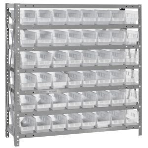 The Quantum Shelving Unit, made of galvanized steel, features 7 shelves and 48 clear bins (17-7/8L x 4-1/8W x 4H) for organized storage. It measures 18D x 36L x 39H with each shelf supporting up to a 400 lb load, ensuring durability and strength.