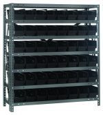 The Quantum Shelving Unit, measuring 18D x 36L x 39H, features a galvanized steel finish and includes seven shelves with a 400 lb. capacity each. It offers 48 black bins (17-7/8L x 4-1/8W x 4H), ideal for industrial or garage use to maximize storage efficiency with freestanding robustness.