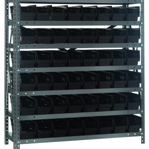 The Quantum Shelving Unit, measuring 18D x 36L x 39H, features a galvanized steel finish and includes seven shelves with a 400 lb. capacity each. It offers 48 black bins (17-7/8L x 4-1/8W x 4H), ideal for industrial or garage use to maximize storage efficiency with freestanding robustness.