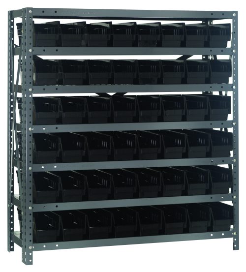 The Quantum Shelving Unit, measuring 18D x 36L x 39H, features a galvanized steel finish and includes seven shelves with a 400 lb. capacity each. It offers 48 black bins (17-7/8L x 4-1/8W x 4H), ideal for industrial or garage use to maximize storage efficiency with freestanding robustness.