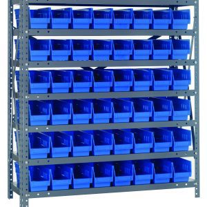 The Quantum Shelving Unit, measuring 18D x 36L x 39H, has a galvanized steel finish and features seven heavy-duty shelves with a 400 lb. load capacity each. It includes (48) QSB103 blue bins for organized small item storage and sturdy uprights and cross bars for stable support.
