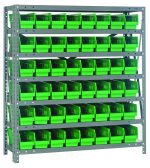 The Quantum Shelving Unit, sized at 18D x 36L x 39H, includes seven shelves with a total of forty-eight QSB103 green bins (17-7/8L x 4-1/8W x 4H) in a robust galvanized steel frame. Each shelf supports up to 400 lbs, offering ample and organized storage space.