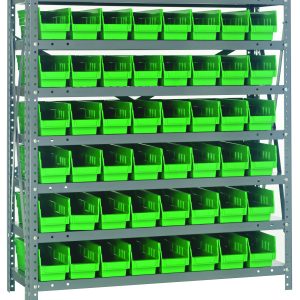 The Quantum Shelving Unit, sized at 18D x 36L x 39H, includes seven shelves with a total of forty-eight QSB103 green bins (17-7/8L x 4-1/8W x 4H) in a robust galvanized steel frame. Each shelf supports up to 400 lbs, offering ample and organized storage space.