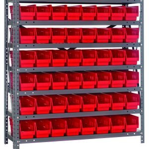 The Quantum Shelving Unit features an 18D x 36L x 39H galvanized steel frame with seven heavy-duty shelves, each holding 48 red and black bins. With a load capacity of 400 lbs per shelf, it’s perfect for organizing tools or small items efficiently in any workspace.