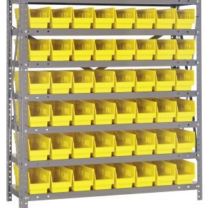 The Quantum Shelving Unit, measuring 18D x 36L x 39H, features 48 bright yellow bins (17-7/8L x 4-1/8W x 4H) across six rows, with seven sturdy shelves offering versatile storage. Each galvanized steel shelf has a heavy-duty load capacity of up to 400 lbs.