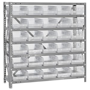 Presenting the Quantum Shelving Unit, 18D x 36L x 39H, featuring seven heavy-duty shelves with a 400 lb. load capacity each and organized storage with thirty clear black bins (QSB104), ensuring easy access and sturdy support, all in a galvanized steel finish.