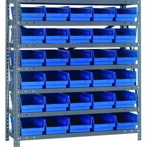 The Quantum Shelving Unit, measuring 18D x 36L x 39H, features seven heavy-duty shelves each with a 400 lb. capacity and includes (30) 17-7/8L x 6-5/8W x 4H (QSB104) blue bins. These open-fronted bins are organized for optimal storage on its galvanized steel frame.