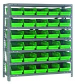 The Quantum metal shelving unit features 30 green QSB104 bins (17-7/8L x 6-5/8W x 4H) and includes seven shelves with dimensions of 18D x 36L x 39H. This heavy-duty black frame has a galvanized steel finish, offering a load capacity of 400 lbs per shelf.