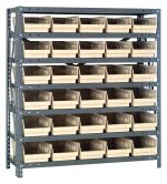 The Quantum Shelving Unit, measuring 18D x 36L x 39H, features seven heavy-duty shelves with each supporting up to 400 lbs. It includes 30 QSB104 ivory black bins (17-7/8L x 6-5/8W x 4H) neatly organized on galvanized steel-finished uprights and cross bars.
