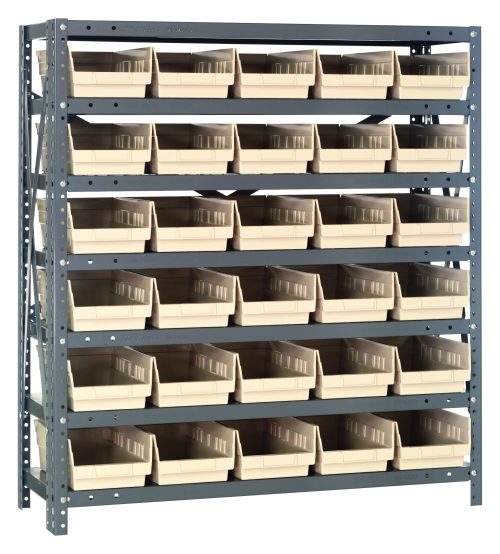 The Quantum Shelving Unit, measuring 18D x 36L x 39H, features seven heavy-duty shelves with each supporting up to 400 lbs. It includes 30 QSB104 ivory black bins (17-7/8L x 6-5/8W x 4H) neatly organized on galvanized steel-finished uprights and cross bars.