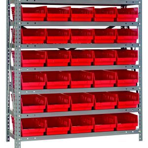 The Quantum Shelving Unit, measuring 18D x 36L x 39H, features a heavy-duty frame with a galvanized steel finish and includes seven shelves. Each shelf supports up to 400 lbs and holds red QSB104 bins sized at 17-7/8L x 6-5/8W x 4H for optimal organization.