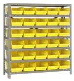 The Quantum Shelving Unit, measuring 18D x 36L x 39H, includes seven heavy-duty shelves with a 400 lb. load capacity each and comes with thirty yellow black bins (17-7/8L x 6-5/8W x 4H), all crafted in a galvanized steel finish for an industrial, organized storage solution.