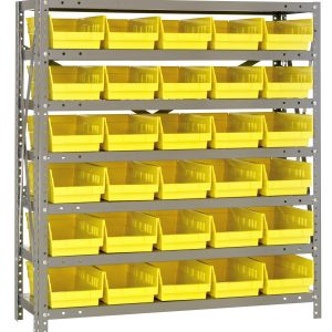 The Quantum Shelving Unit, measuring 18D x 36L x 39H, includes seven heavy-duty shelves with a 400 lb. load capacity each and comes with thirty yellow black bins (17-7/8L x 6-5/8W x 4H), all crafted in a galvanized steel finish for an industrial, organized storage solution.