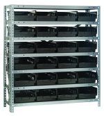 The Quantum Shelving Unit features (7) heavy-duty 18D x 36L x 39H shelves, each with a 400 lb. load capacity. It includes (24) Qsb108 black plastic bins, organized and spaced on each shelf. The freestanding unit is made of galvanized steel, ideal for industrial or garage storage.