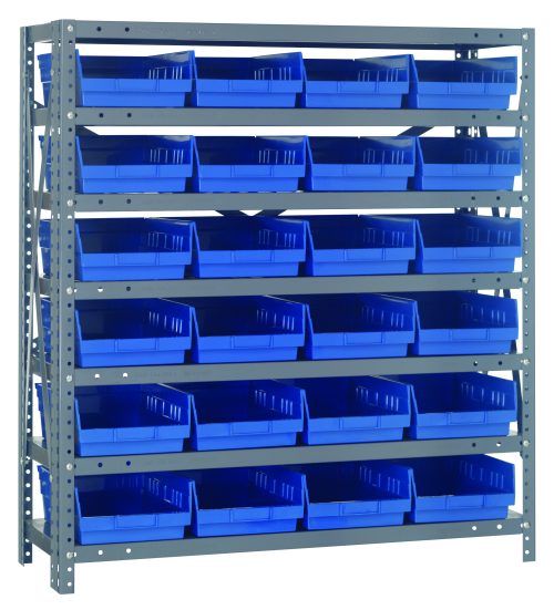 The Quantum Shelving Unit, measuring 18D x 36L x 39H, is heavy-duty with a 400 lb. load capacity per shelf. It includes seven shelves and 24 blue black bins (17-7/8L x 8-3/8W x 4H QSB108). With uprights, crossbars, and a galvanized steel finish, its ideal for organized storage.