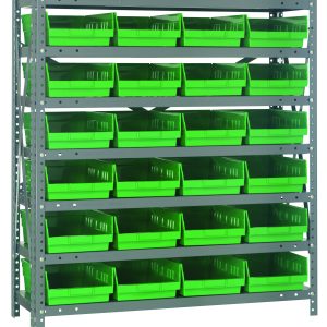 The Quantum Shelving Unit, measuring 18D x 36L x 39H, features a galvanized steel finish with seven shelves. Each shelf supports up to 400 lbs and includes 24 green bins (17-7/8L x 8-3/8W x 4H), making it reliable for all your storage needs.