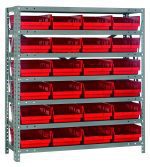 The Quantum Shelving Unit measures 18D x 36L x 39H and supports up to 400 lbs per shelf. It includes seven shelves with a total of twenty-four 17-7/8L x 8-3/8W x 4H QSB108 red and black bins, which are front-open for easy access. This unit is made of galvanized steel for durability.