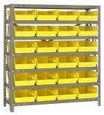 The Quantum Shelving Unit, measuring 18D x 36L x 39H, features a heavy-duty design with seven shelves and includes 24 yellow black bins. Each shelf has a 400 lb. load capacity, ideal for organizing tools. The unit is made of galvanized steel for durability and efficient space use.