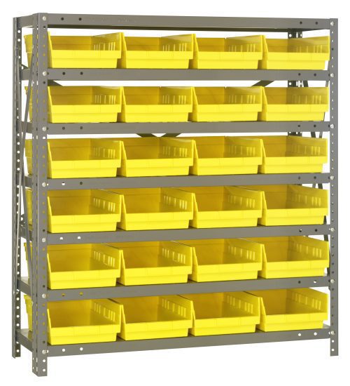 1839-108_YL.jpg The Quantum Shelving Unit, measuring 18D x 36L x 39H, features a heavy-duty design with seven shelves and includes 24 yellow black bins. Each shelf has a 400 lb. load capacity, ideal for organizing tools. The unit is made of galvanized steel for durability and efficient space use.