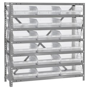 The Quantum Shelving Unit, 18D x 36L x 39H, with seven heavy-duty shelves holds up to 400 lbs per shelf. It includes 18 clear black bins (17-7/8L x 11-1/8W x 4H) that are open at the front for easy access, ideal for efficient storage and organization.