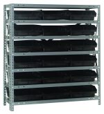 The Quantum Shelving Unit, measuring 18D x 36L x 39H, incorporates seven shelves and supports up to 400 lbs. per shelf. This heavy-duty unit, ideal for industrial or garage settings, includes galvanized steel uprights and cross bars with (18) Qsb110 black bins for optimized storage.